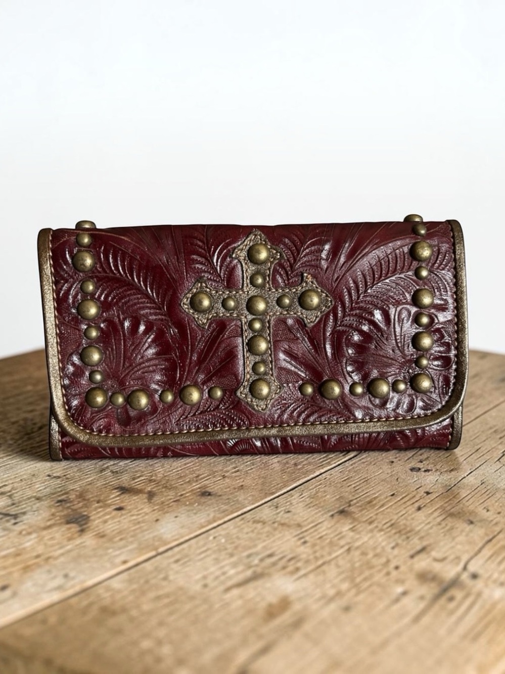 Vintage Burgundy Tooled Leather Wallet with Studs and Cross in Western Style